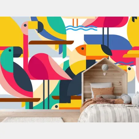 Papier peint oiseaux tropicaux géométriques colorés – Wallnifity®