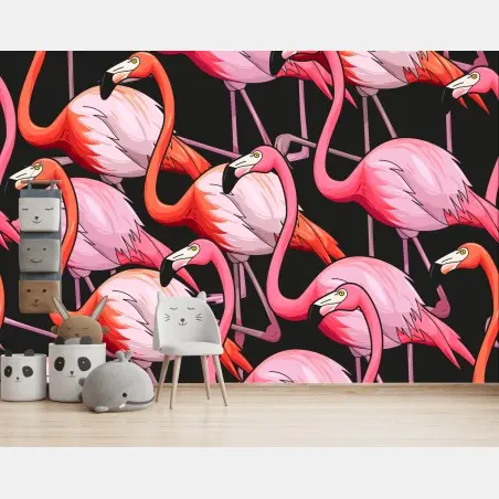 Papier peint motif flamants roses tropicaux sur fond noir – Wallnifity®