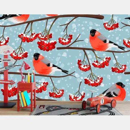 Papier peint motif hivernal de bouvreuils et baies rouges – Wallnifity®