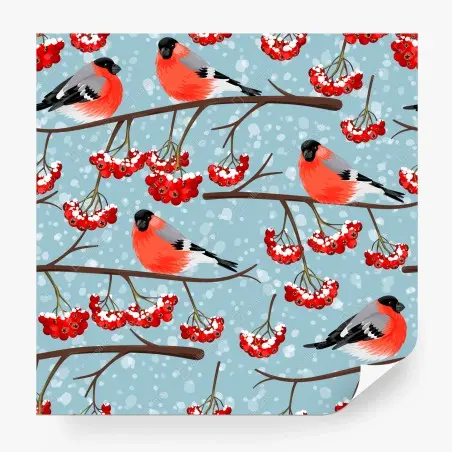 Papier peint motif hivernal de bouvreuils et baies rouges – Wallnifity®
