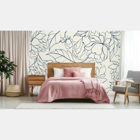 Papier peint motif floral délicat bleu marine sur fond crème – Wallnifity®