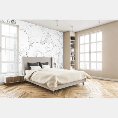Papier peint motif floral linéaire noir et blanc pour décoration murale – Wallnifity®