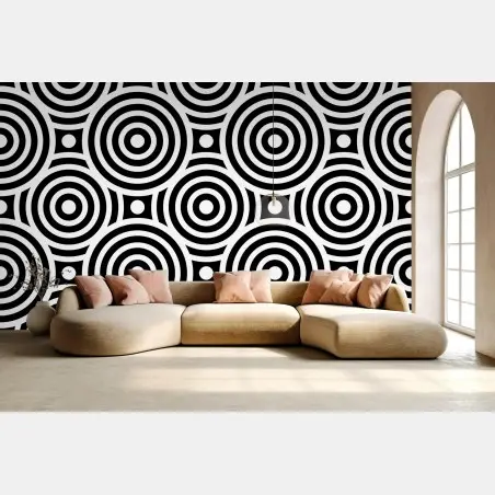 Papier peint motif géométrique à cercles concentriques noir et blanc – Wallnifity®