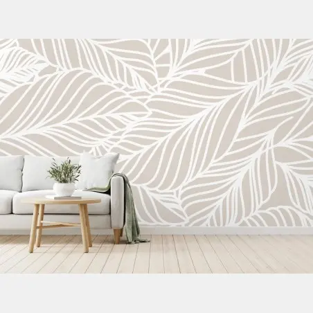 Papier peint motif de feuilles beige et blanc minimaliste – Wallnifity®