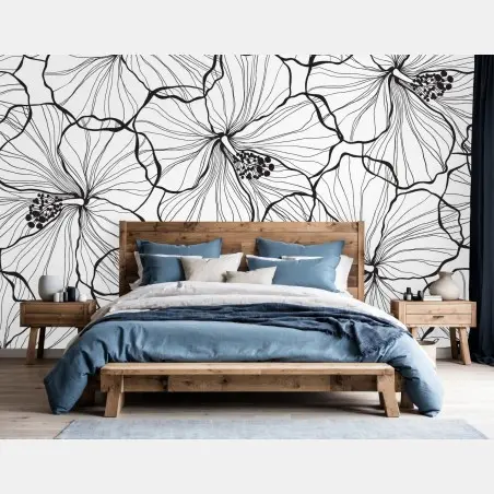 Papier peint motif floral graphique noir et blanc pour décoration murale – Wallnifity®