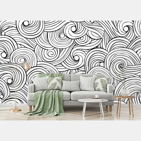 Papier peint motif tourbillonnant abstrait en noir et blanc – Wallnifity®