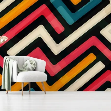 Papier peint motif labyrinthe géométrique rétro coloré – Wallnifity®