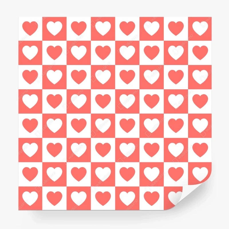 Papier peint motif damier de cœurs corail – Wallnifity®