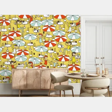 Papier peint scène estivale rétro sous parasols – Wallnifity®