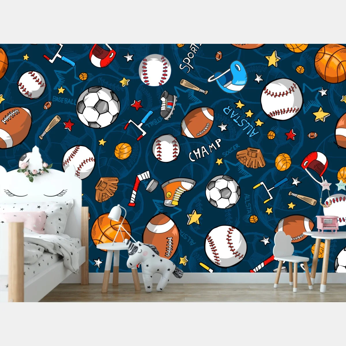 Papier peint motif sportif coloré: ballons et accessoires – Wallnifity® Papier peint motif sportif coloré: ballons et accessoires – Wallnifity®