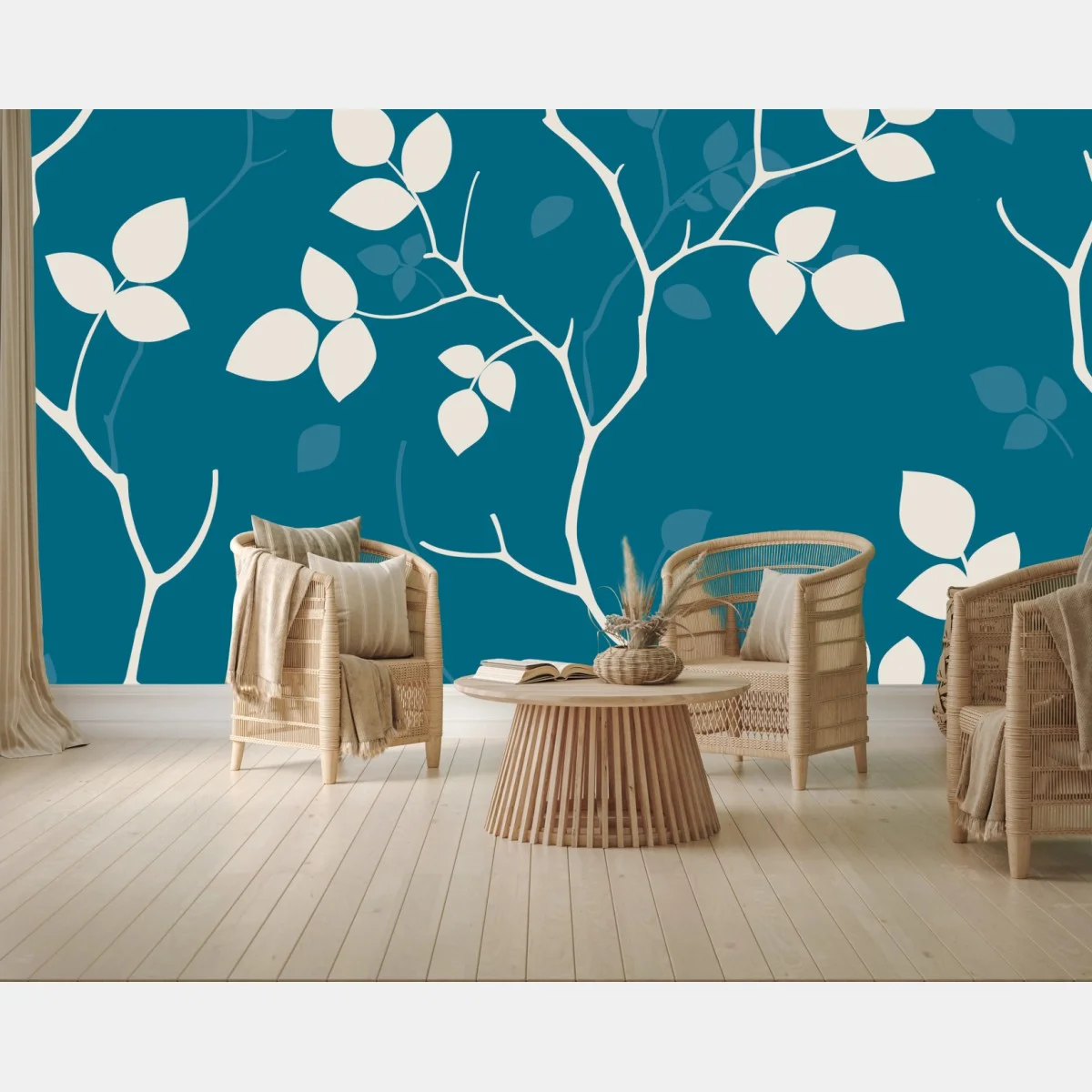 Papier peint motif feuilles blanches sur fond bleu canard – Wallnifity® Papier peint motif feuilles blanches sur fond bleu canard – Wallnifity®