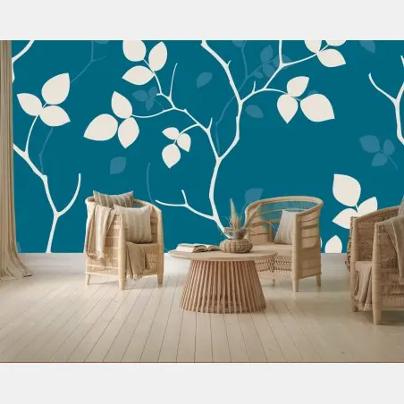 Papier peint motif feuilles blanches sur fond bleu canard – Wallnifity®