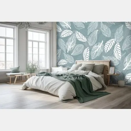 Papier peint motif feuilles blanches sur fond bleu-gris – Wallnifity®