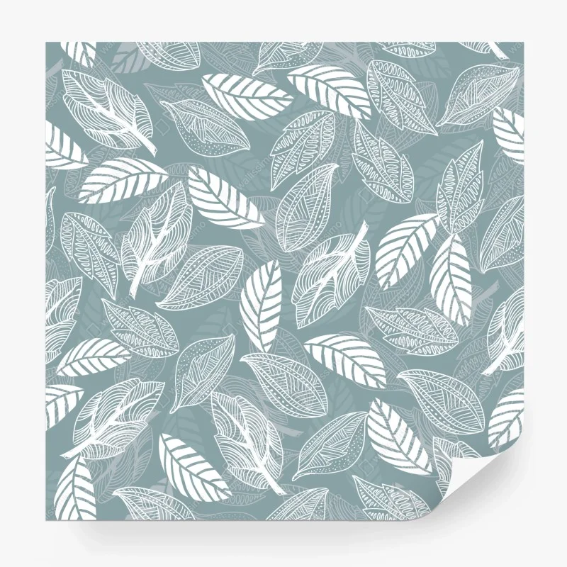 Papier peint motif feuilles blanches sur fond bleu-gris – Wallnifity®