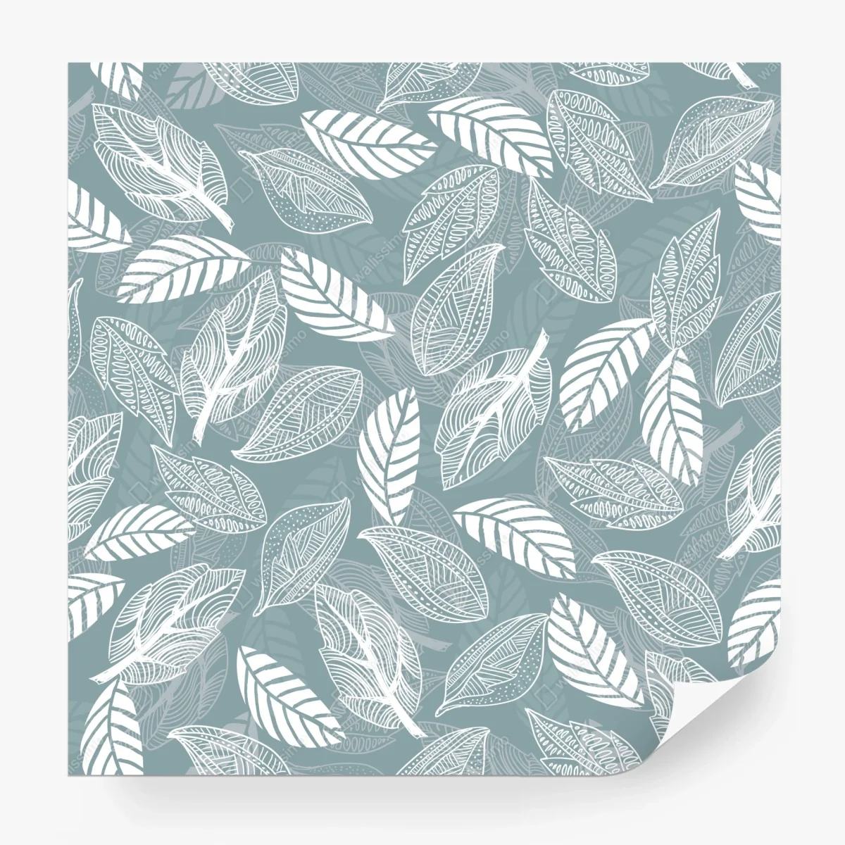 Papier peint motif feuilles blanches sur fond bleu-gris – Wallnifity®