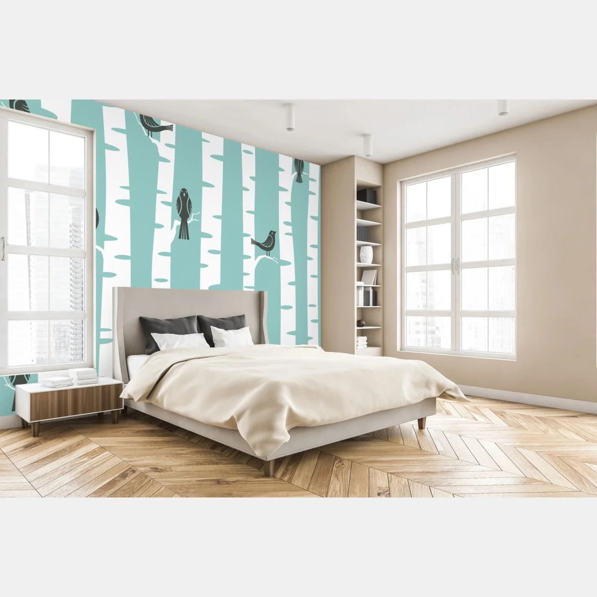 Papier peint oiseaux sur troncs de bouleau menthe – Wallnifity® Papier peint oiseaux sur troncs de bouleau menthe – Wallnifity®