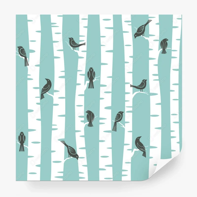 Papier peint oiseaux sur troncs de bouleau menthe – Wallnifity® Papier peint oiseaux sur troncs de bouleau menthe – Wallnifity®