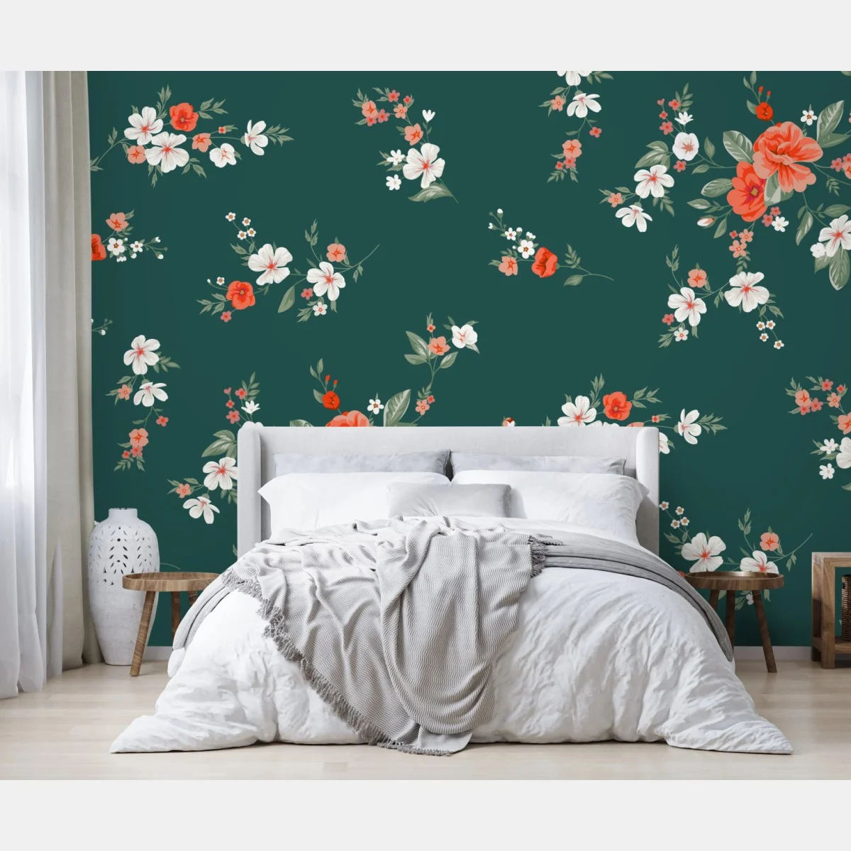 Papier peint élégant motif floral corail sur fond vert – Wallnifity® Papier peint élégant motif floral corail sur fond vert – Wallnifity®