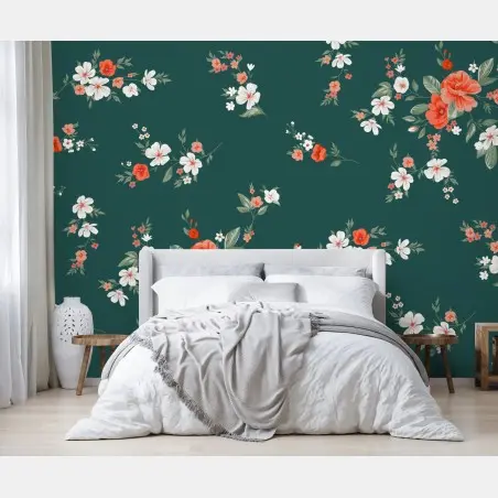 Papier peint élégant motif floral corail sur fond vert – Wallnifity®