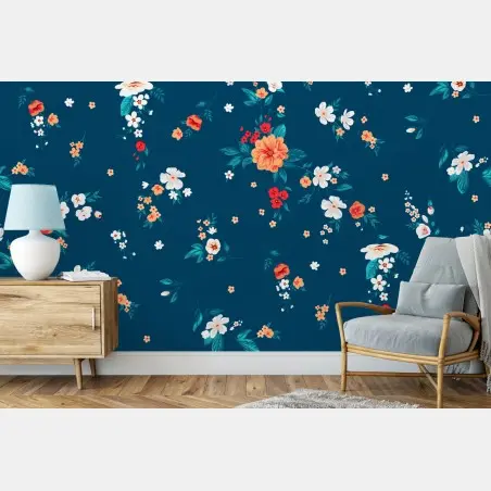 Papier peint motif floral rétro sur fond bleu profond – Wallnifity®
