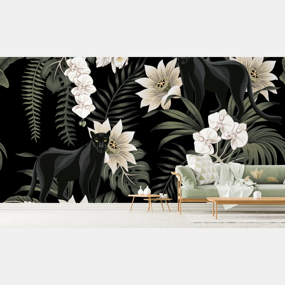 Papier peint panthères et orchidées sur fond noir – Wallnifity® Papier peint panthères et orchidées sur fond noir – Wallnifity®