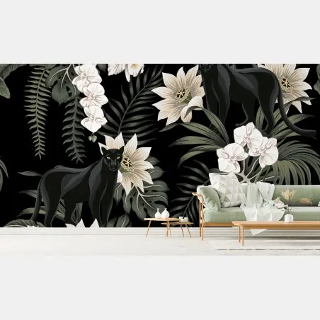 Papier peint panthères et orchidées sur fond noir – Wallnifity®