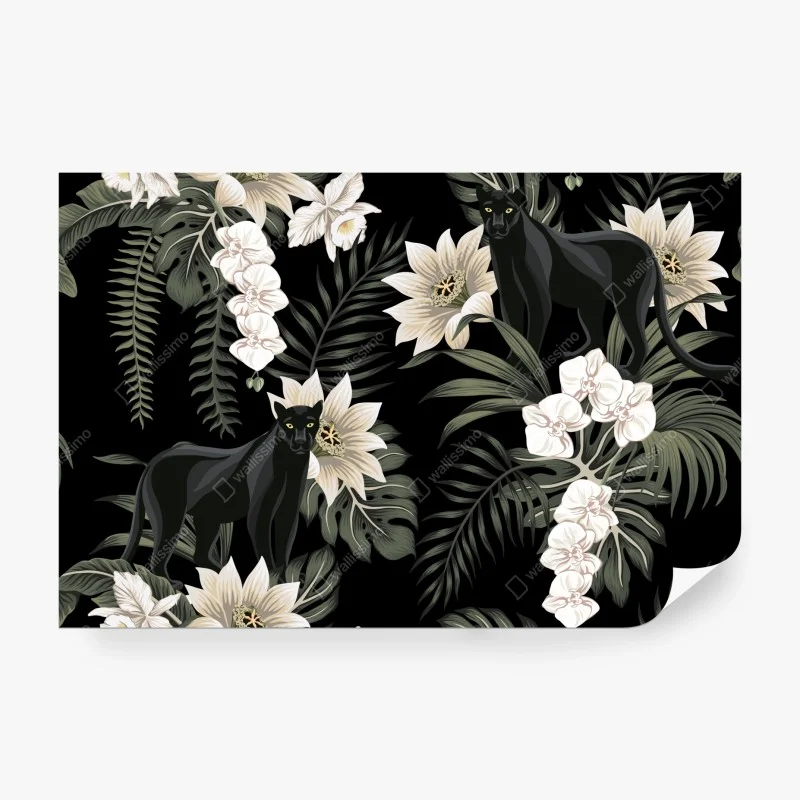 Papier peint panthères et orchidées sur fond noir – Wallnifity® Papier peint panthères et orchidées sur fond noir – Wallnifity®