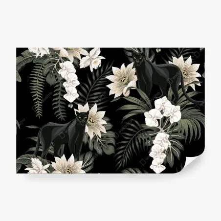 Papier peint panthères et orchidées sur fond noir – Wallnifity®