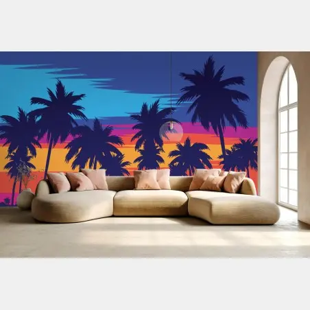 Papier peint scène tropicale rétro aux palmiers – Wallnifity®