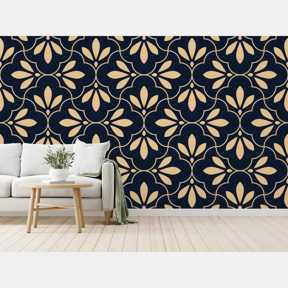 Papier peint motif floral géométrique bleu marine et beige – Wallnifity® Papier peint motif floral géométrique bleu marine et beige – Wallnifity®