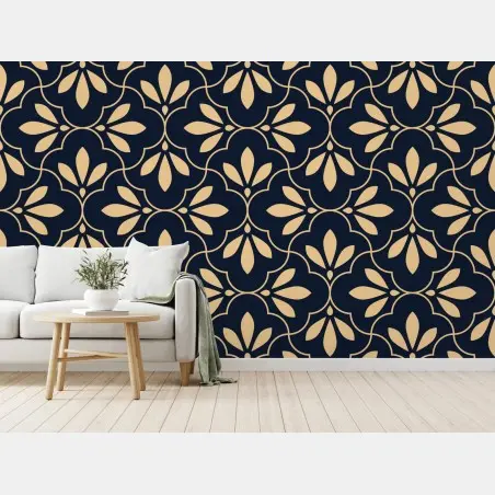 Papier peint motif floral géométrique bleu marine et beige – Wallnifity®