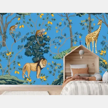 Papier peint jungle exotique colorée sur fond bleu – Wallnifity®