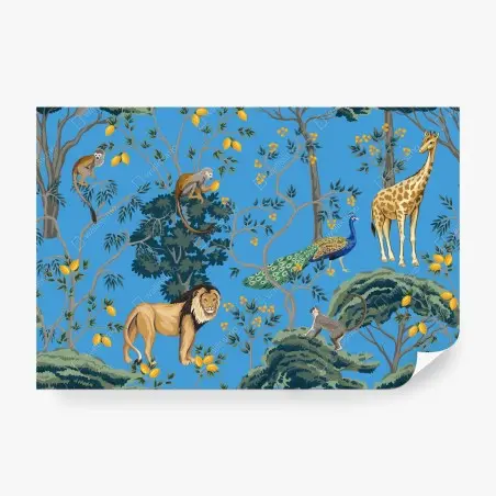 Papier peint jungle exotique colorée sur fond bleu – Wallnifity®