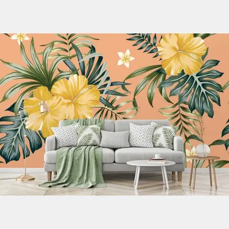 Papier peint fleurs tropicales jaunes sur fond pêche – Wallnifity®