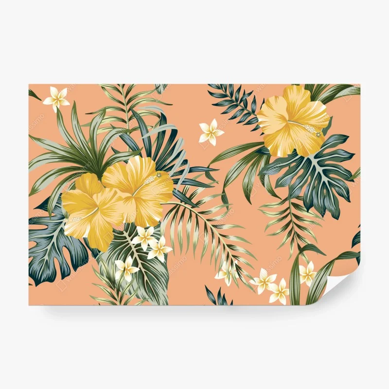 Papier peint fleurs tropicales jaunes sur fond pêche – Wallnifity® Papier peint fleurs tropicales jaunes sur fond pêche – Wallnifity®