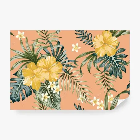Papier peint fleurs tropicales jaunes sur fond pêche – Wallnifity®