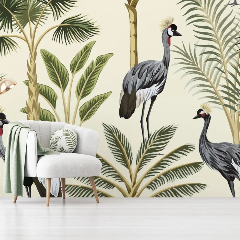 Papier peint jungle élégante aux grues couronnées – Wallnifity® Papier peint jungle élégante aux grues couronnées – Wallnifity®