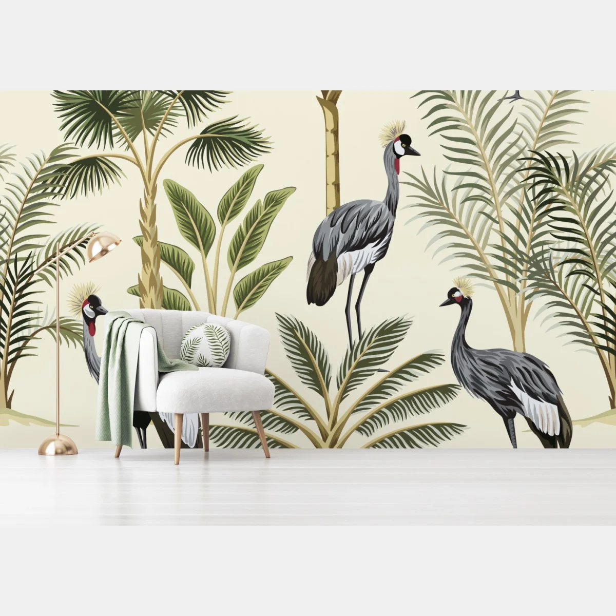 Papier peint jungle élégante aux grues couronnées – Wallnifity® Papier peint jungle élégante aux grues couronnées – Wallnifity®
