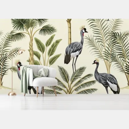 Papier peint jungle élégante aux grues couronnées – Wallnifity®