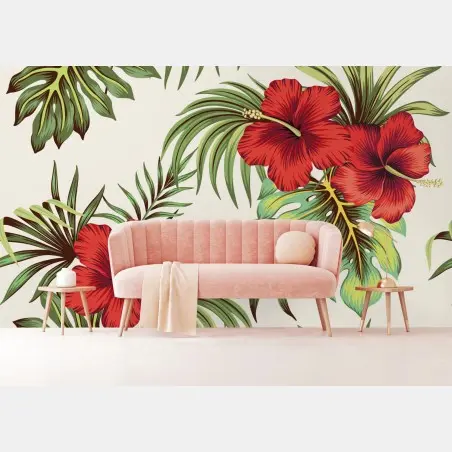 Papier peint jardin tropical aux hibiscus rouges – Wallnifity®