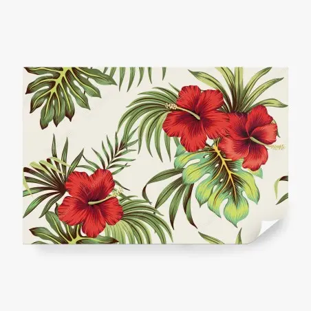 Papier peint jardin tropical aux hibiscus rouges – Wallnifity®