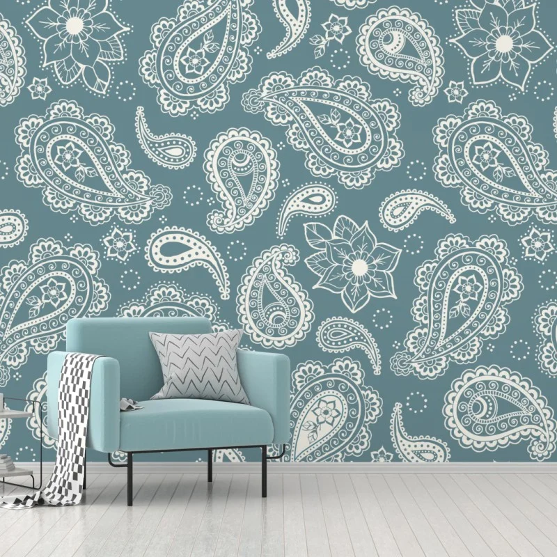 Papier peint motif cachemire floral bleu-vert élégant – Wallnifity® Papier peint motif cachemire floral bleu-vert élégant – Wallnifity®