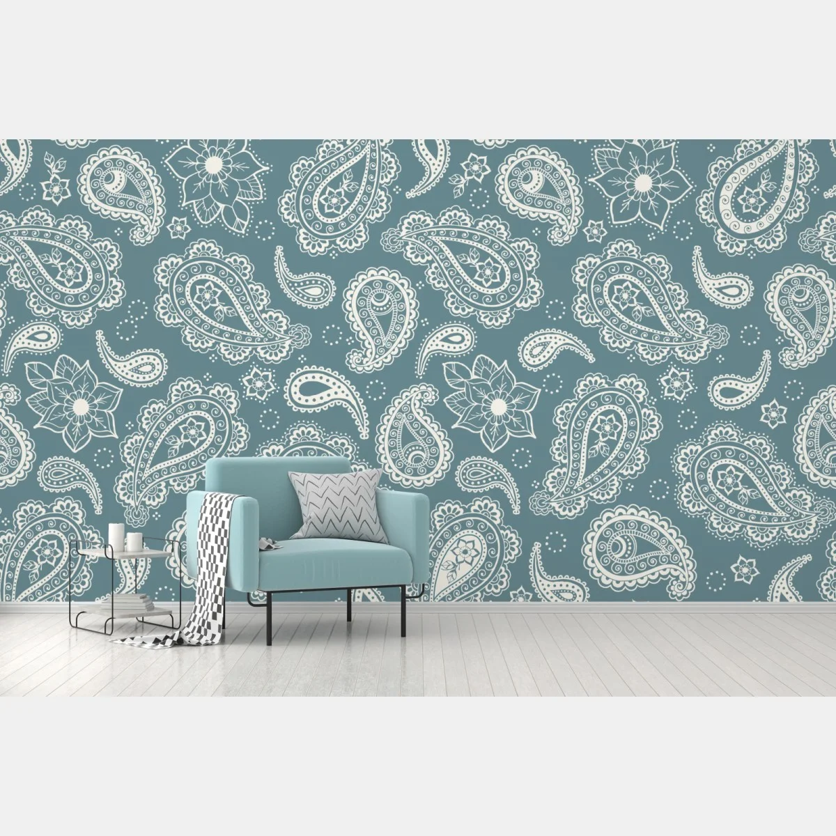 Papier peint motif cachemire floral bleu-vert élégant – Wallnifity® Papier peint motif cachemire floral bleu-vert élégant – Wallnifity®