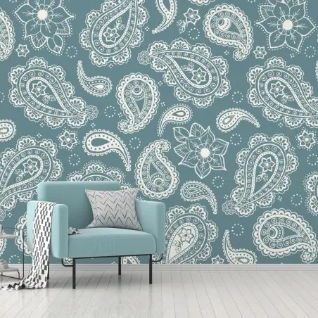 Papier peint motif cachemire floral bleu-vert élégant – Wallnifity®