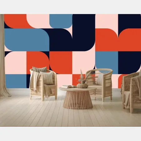 Papier peint motif géométrique rétro aux formes arrondies et palette vive – Wallnifity®