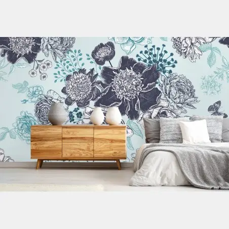 Papier peint motif floral bleu et ivoire style gravure – Wallnifity®