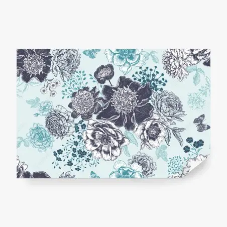 Papier peint motif floral bleu et ivoire style gravure – Wallnifity®