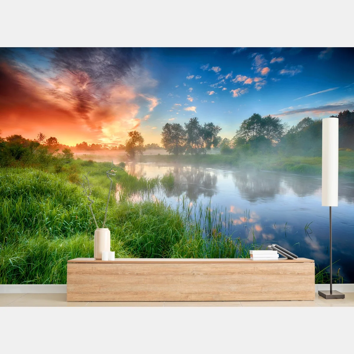 Papier peint aube d'été sur les rives brumeuses – Wallnifity® Papier peint aube d'été sur les rives brumeuses – Wallnifity®