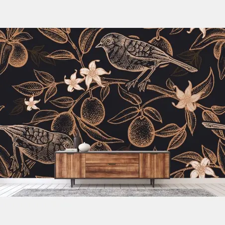 Papier peint motif botanique d'oiseaux et d'agrumes sur fond noir – Wallnifity®