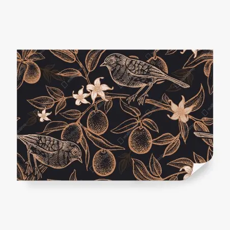 Papier peint motif botanique d'oiseaux et d'agrumes sur fond noir – Wallnifity®